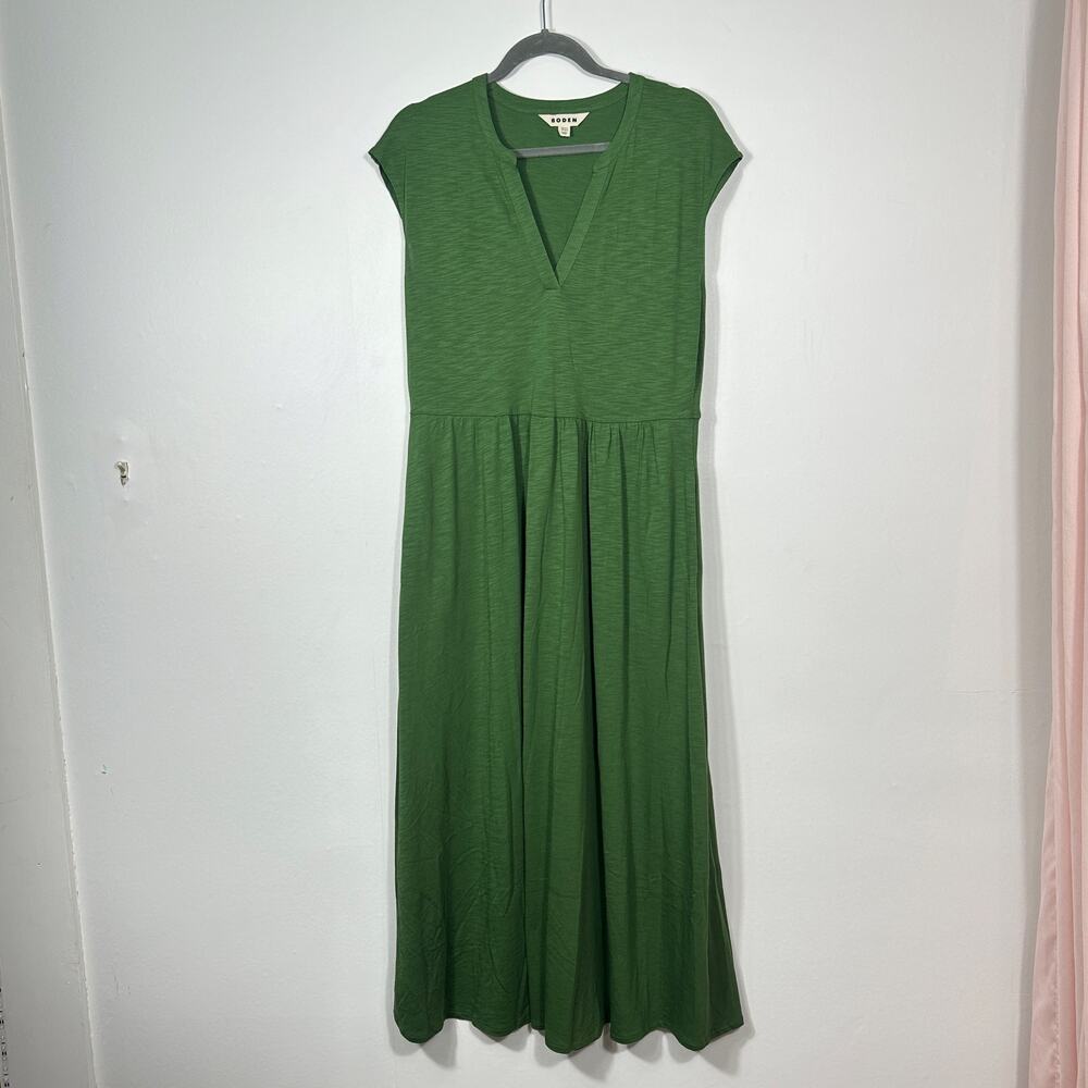 Boden Chloe Jersey Midi Dress Green V Neck Cap Sleeve Pockets US 10